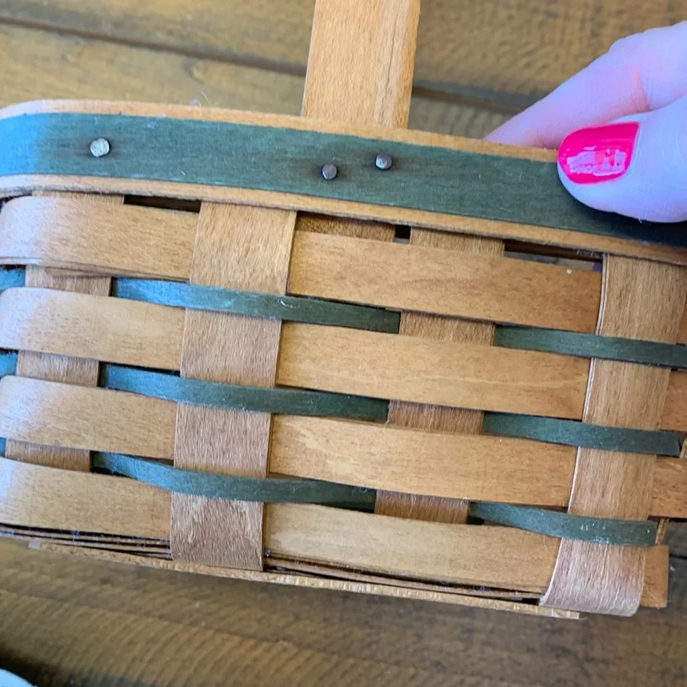Longaberger Tea Basket with Emerald Vine Liner and Protector, Stationary Handle